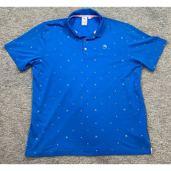 Puma Arnold Palmer All‎ Over Print Polo Shirt Mens XXL Blue Umbrellas Stretch - Picture 1 of 7